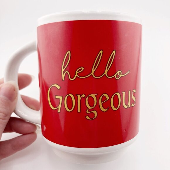 VINTAGE red gold white Hello Gorgeous ceramic mug ~ 1970s 1980s small coffee cup - Picture 3 of 9